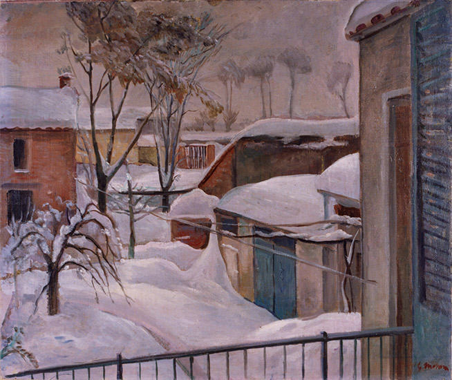 Opere 13 - Pieve sotto la neve - 1942  Olio su tela - artista Giuseppe Moroni – pittore