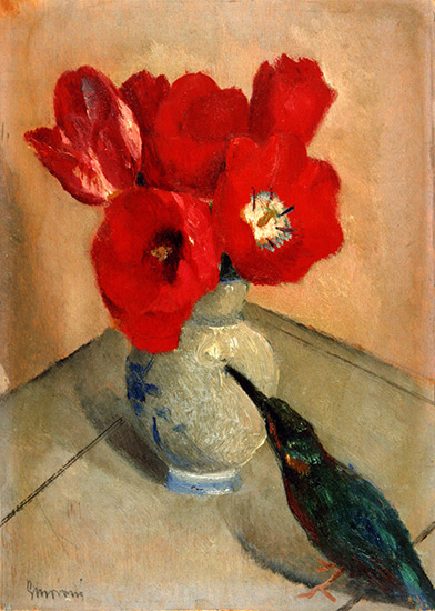 Opere 21 - Tulipani rossi con uccello - Olio su tavola - artista Giuseppe Moroni - pittore